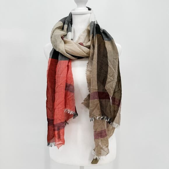 Burberry Scarf Authentic Red Brown Gauze Lightweight Plaid Nova‎ Check Oversized - Picture 2 of 13